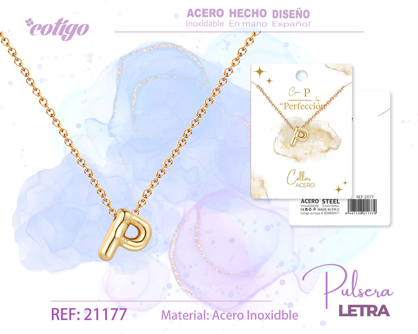 Collar Letra P Acero Dorado