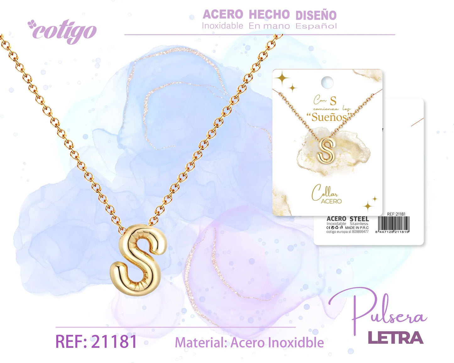 Collar Letra S Acero Dorado - cotigo
