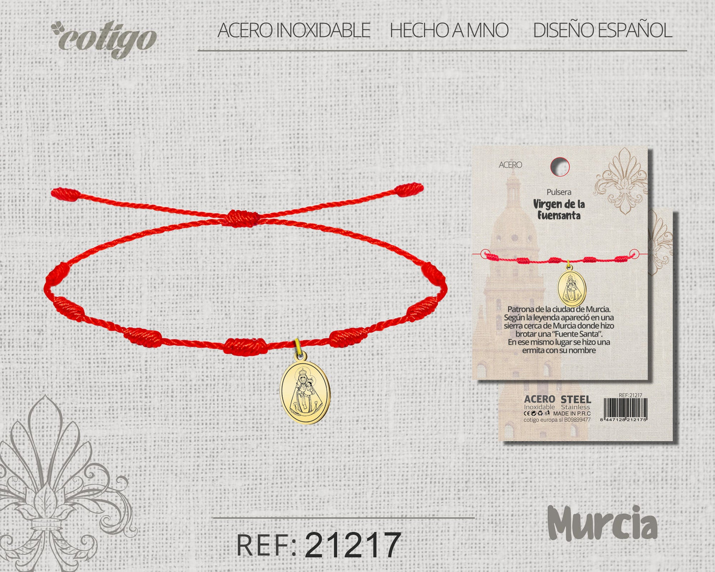 Pulsera 7 nudos con Virgen de la Fuensanta Acero Dorado