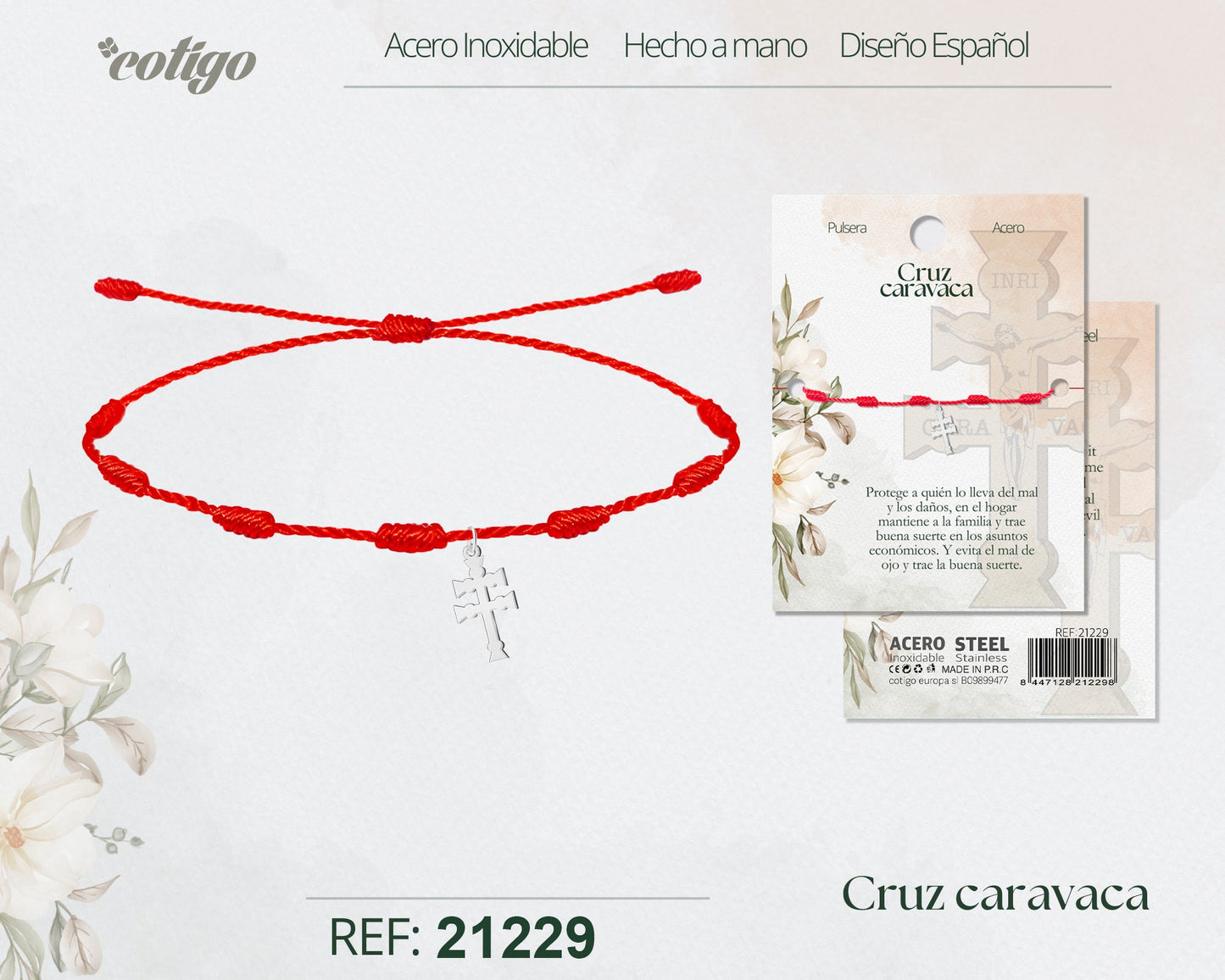 Pulsera 7 nudos con Cruz Caravaca Acero Plateado