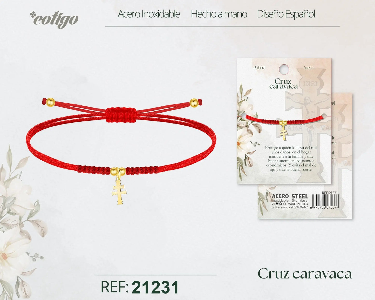 Pulsera Hilo Rojo Cruz de Caravaca en Acero Dorado - cotigo