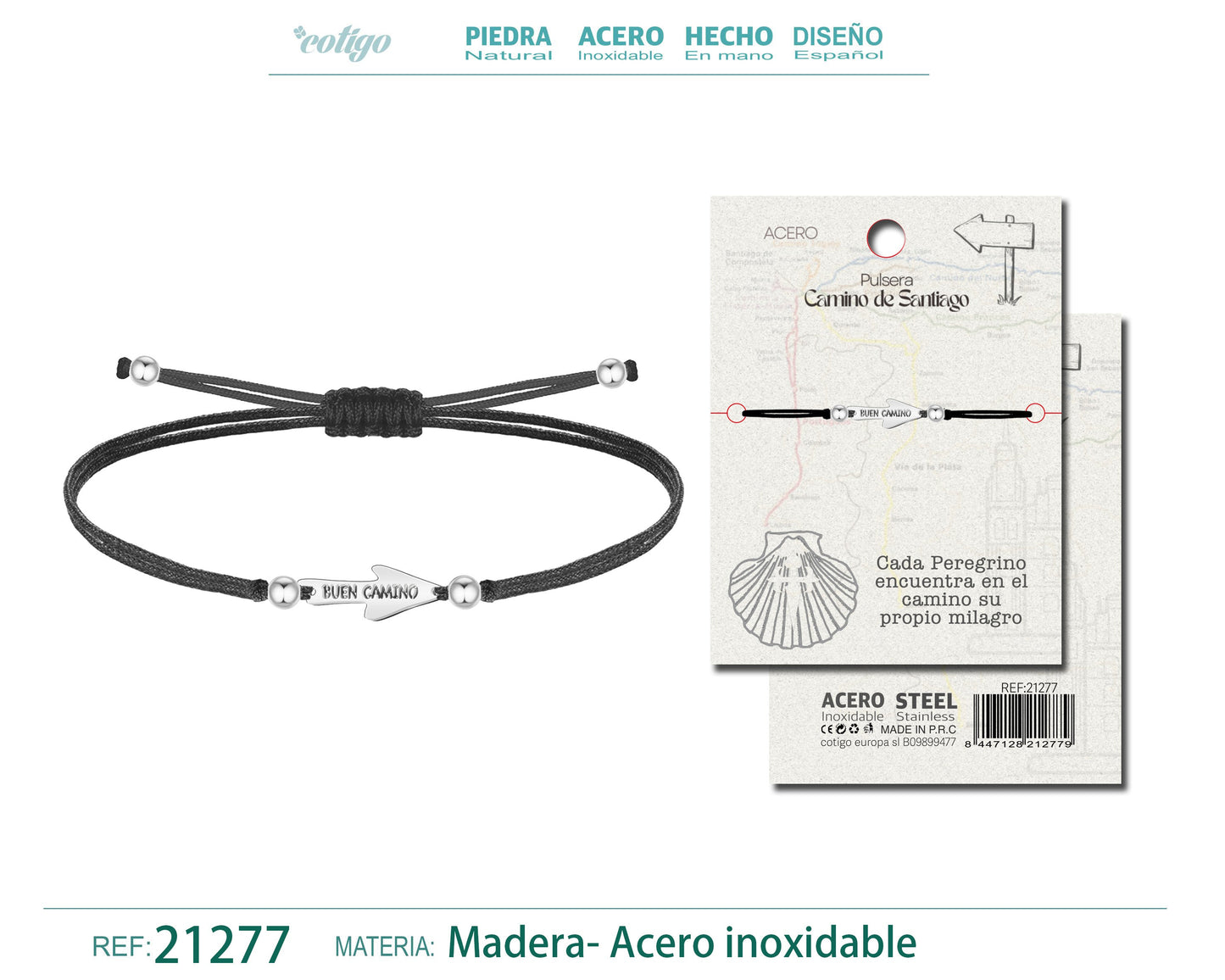 Pulsera Hilo Encerado con Camino Santiago Acero Plateado