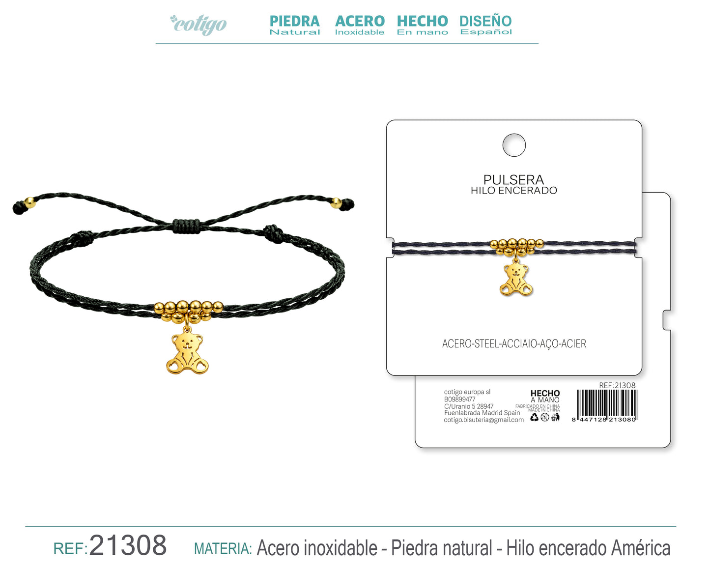 Pulsera Hilo encerado con Colgante Oso en Acero Dorado