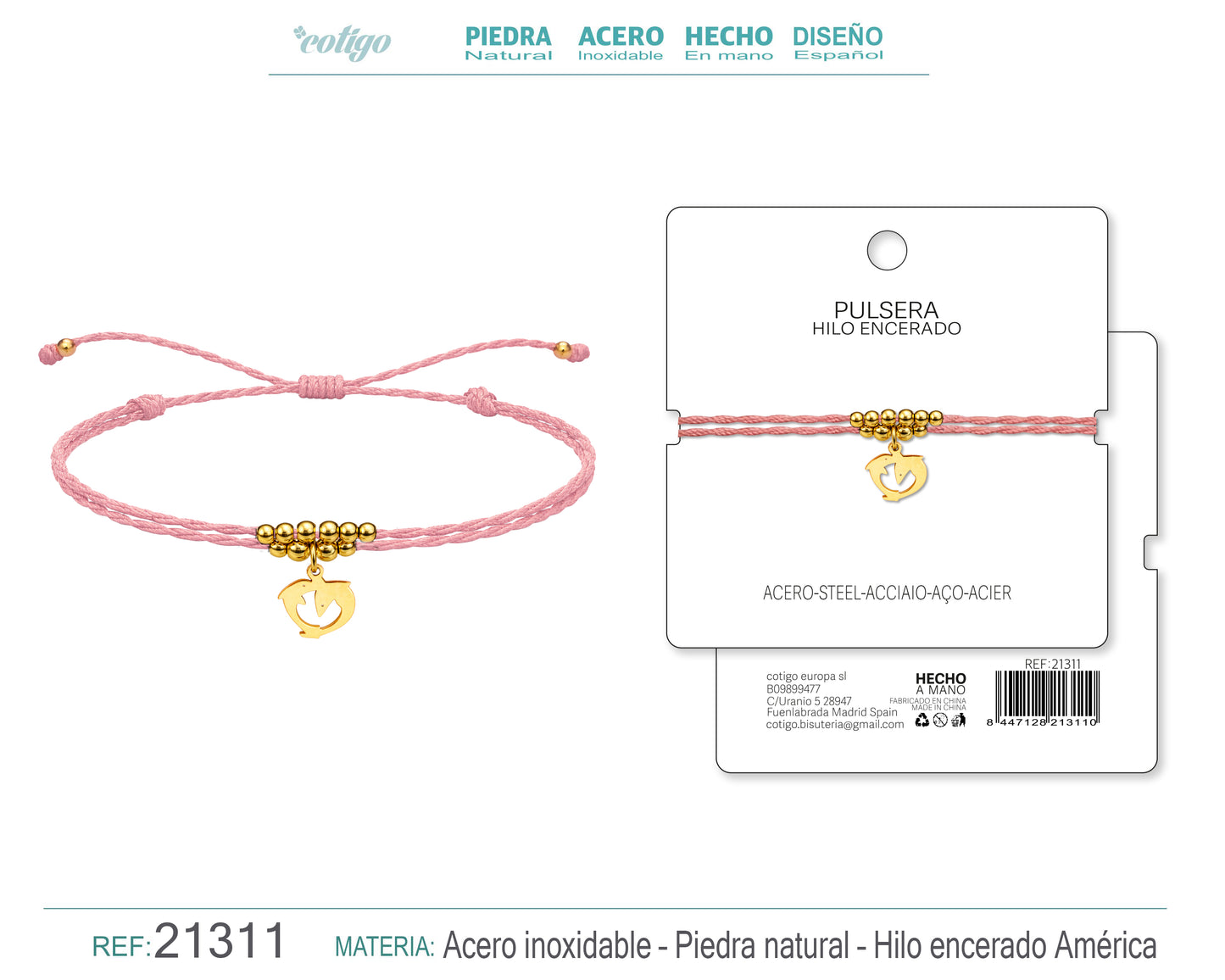 Pulsera Hilo encerado con Colgante Delfin en Acero Dorado