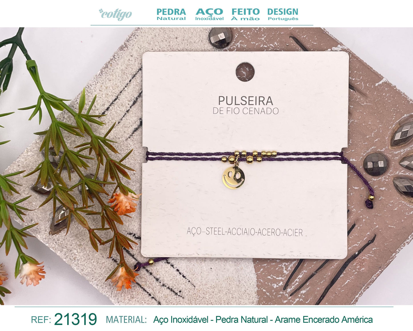 Pulsera Hilo encerado con colgante Cara sonriente Acero Dorado
