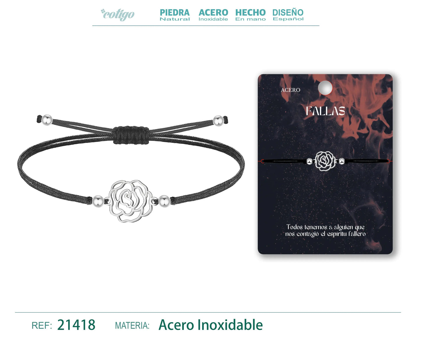 Pulsera Hilo encerado con flor de clavel Acero Plateado - cotigo