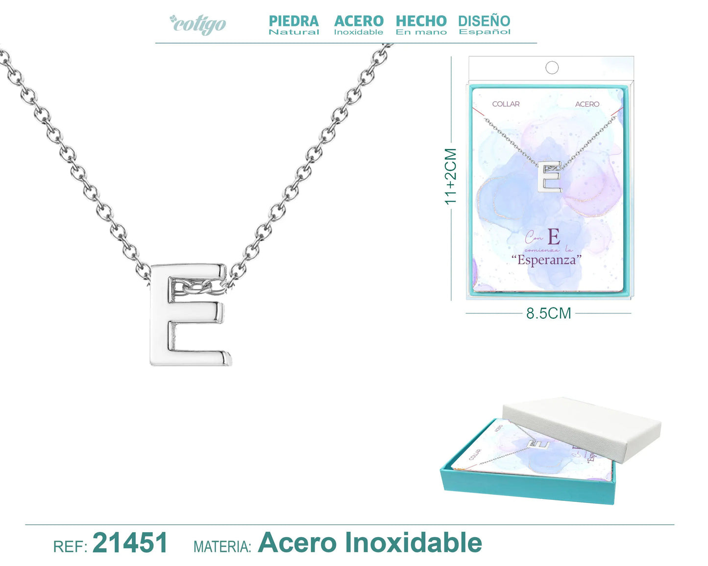 Collar Letra E Acero color Plateado - cotigo