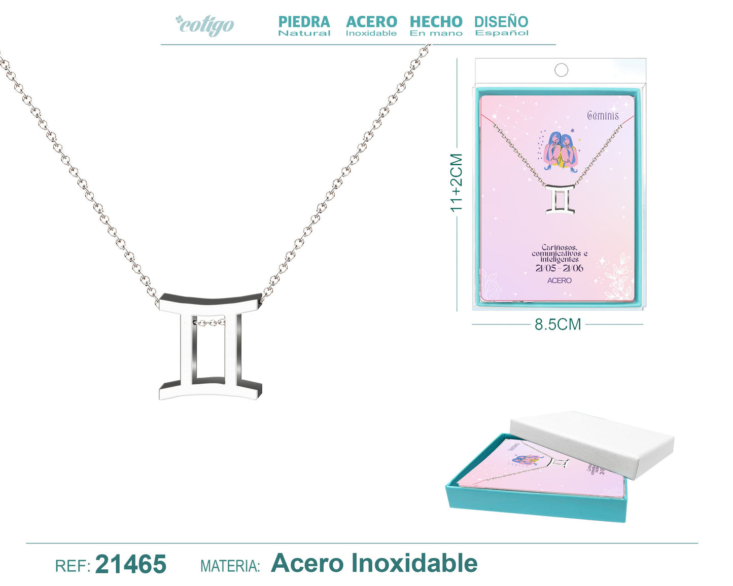 Collar Zodíaco Géminis Acero color Plateado