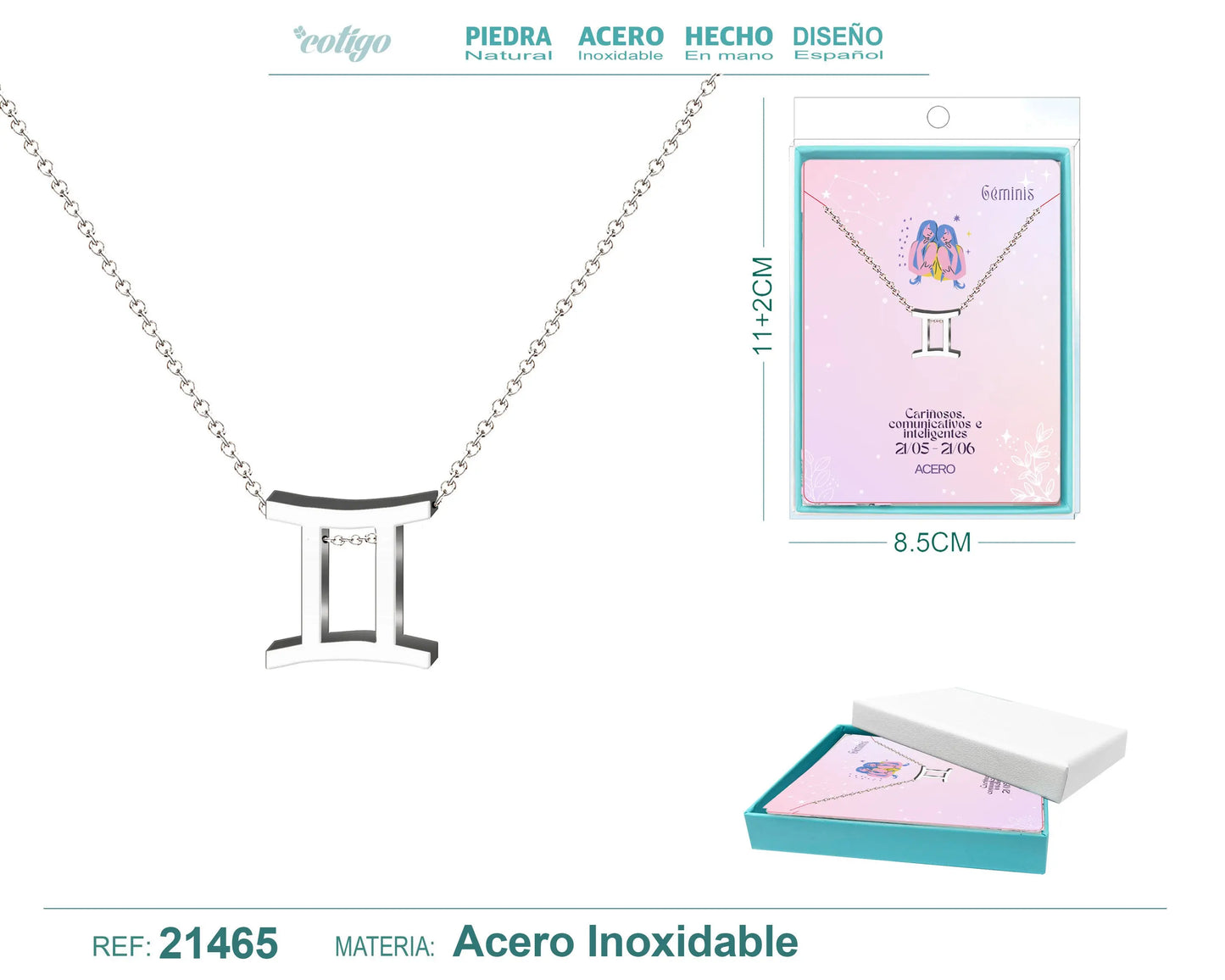 Collar Zodíaco Géminis Acero color Plateado - cotigo