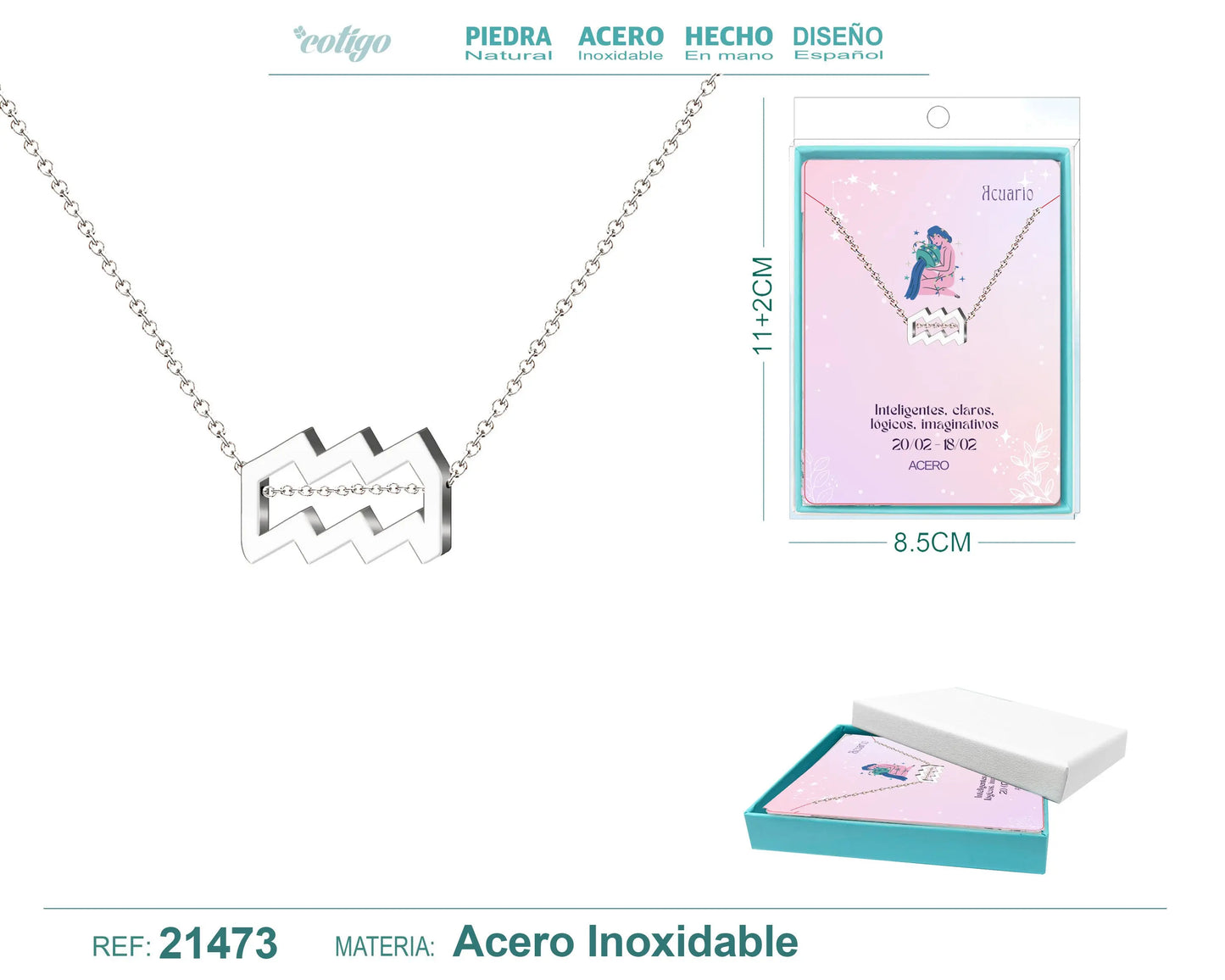 Collar Zodíaco Acuario Acero color Plateado - cotigo