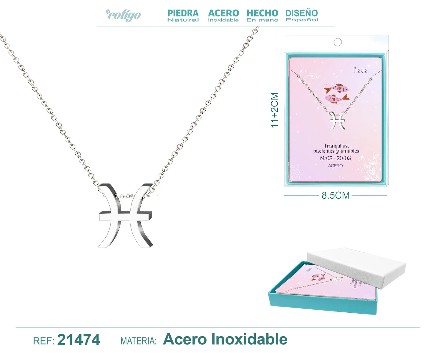 Collar Zodíaco Piscis Acero color Plateado - cotigo