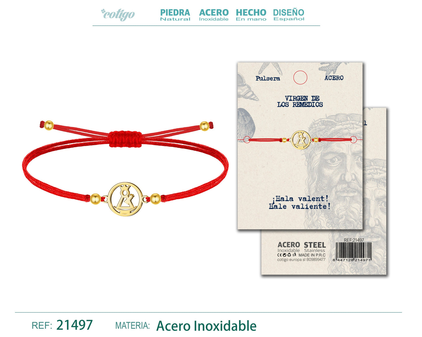 Pulsera Hilo encerado con Virgen del Remedio Acero Dorado
