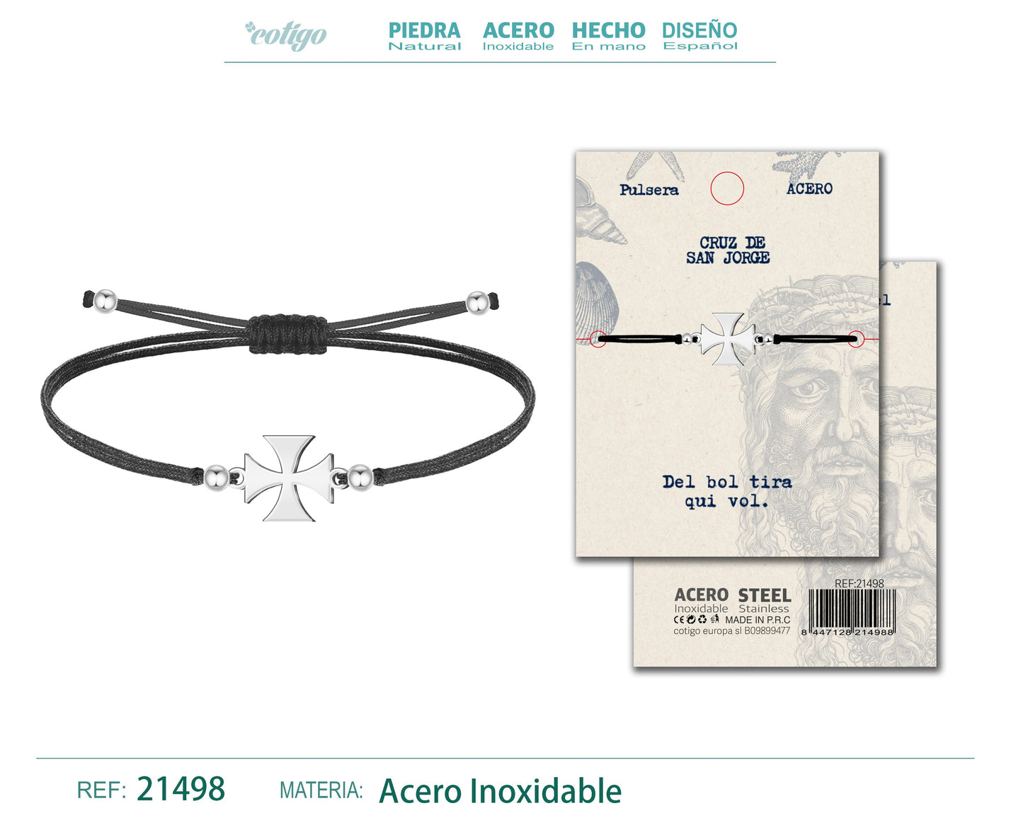 Cruz de san jorgePulsera Hilo encerado con Acero Plateado