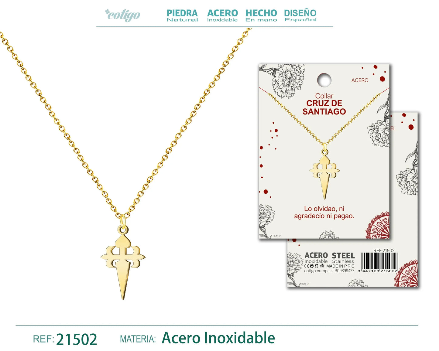 Colgante Cruz santiago Acero Dorado - cotigo