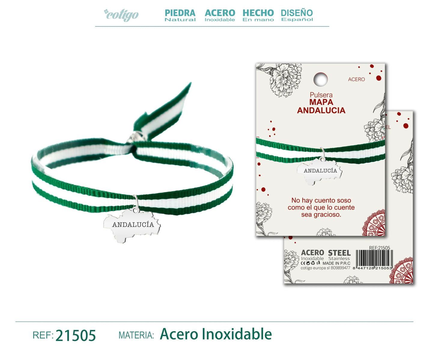 Pulsera Bandera Andalucia con colgante Mapa Andalucia Acero Plateado - cotigo