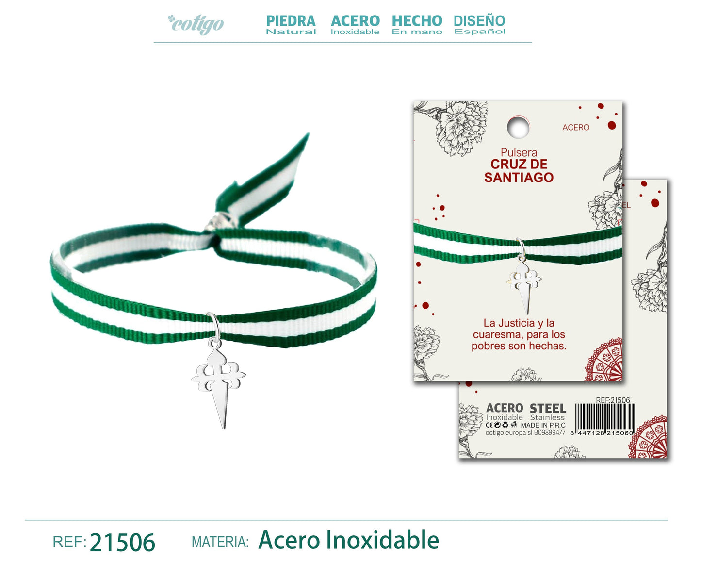 Pulsera Bandera Andalucia con colgante Cruz santiago Acero Plateado