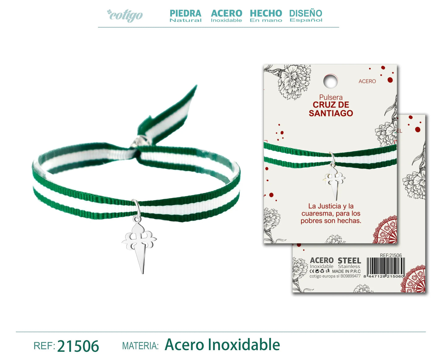 Pulsera Bandera Andalucia con colgante Cruz santiago Acero Plateado - cotigo