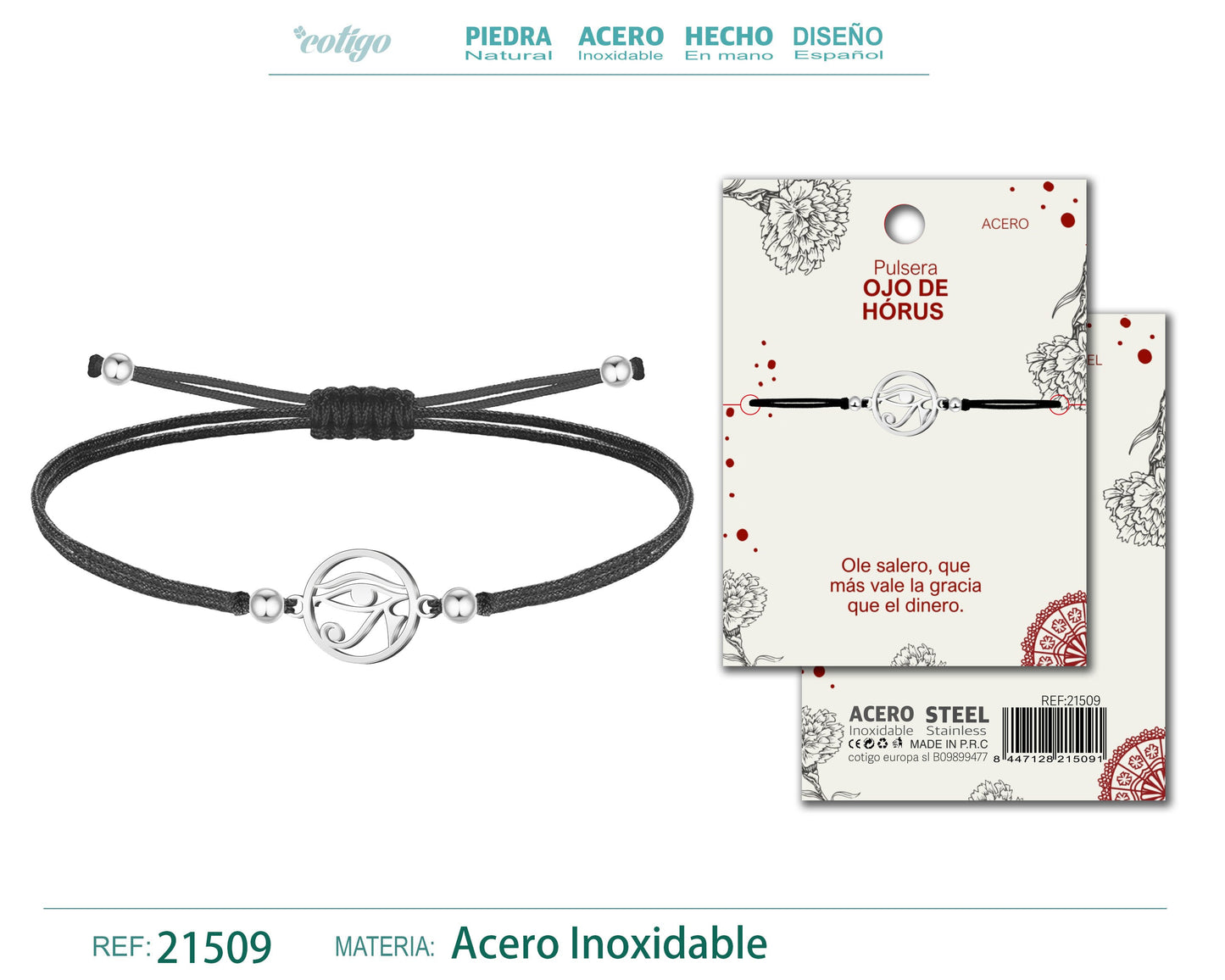Pulsera Hilo encerado con Ojo horus Acero Plateado