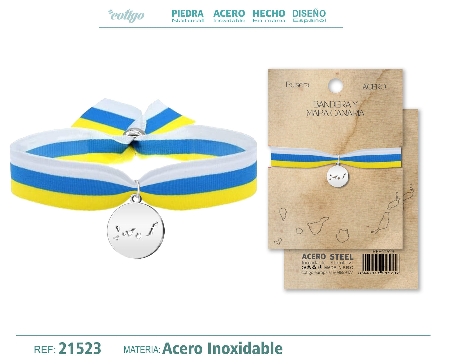 Pulsera cinta Bandera Canarias con colgante Mapa canaria Acero Plateado