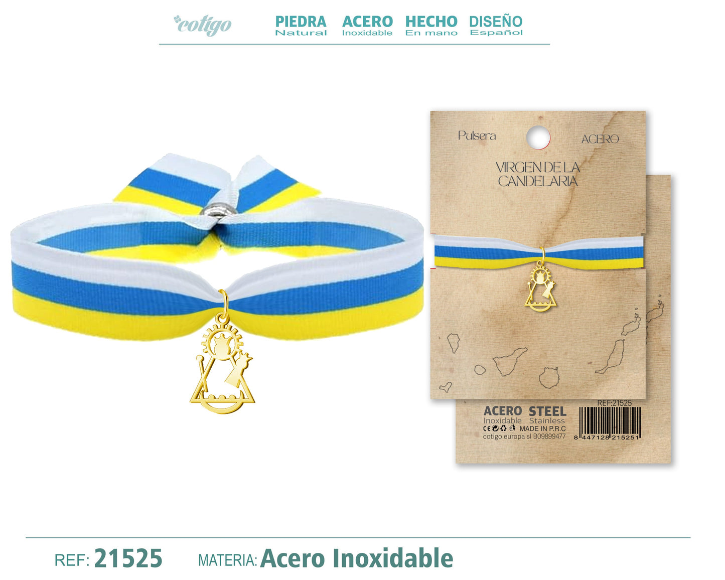 Pulsera cinta Bandera Canarias con colgante Virgen de la Candelaria Acero Dorado