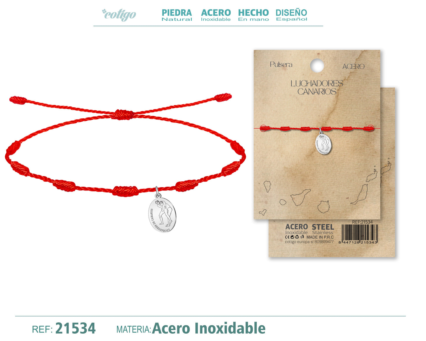 Pulsera 7 nudos con Colgante Luchadores de canarios Acero Plateado