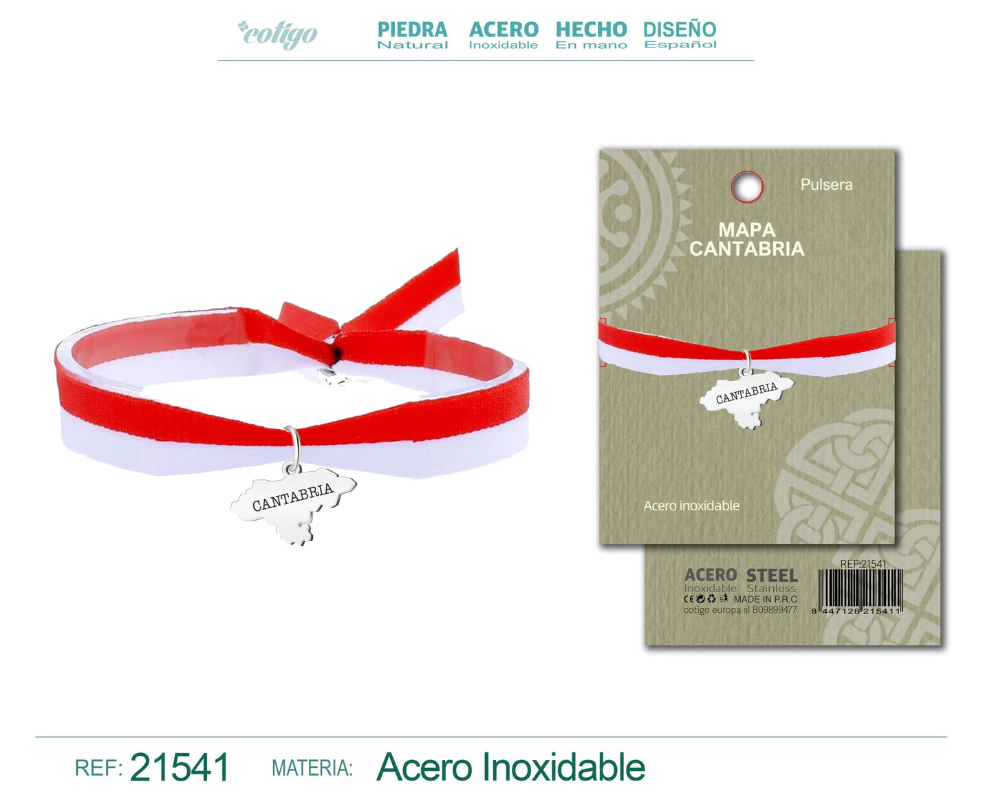 Pulsera Bandera y Mapa de Cantabria Acero Plateado - cotigo
