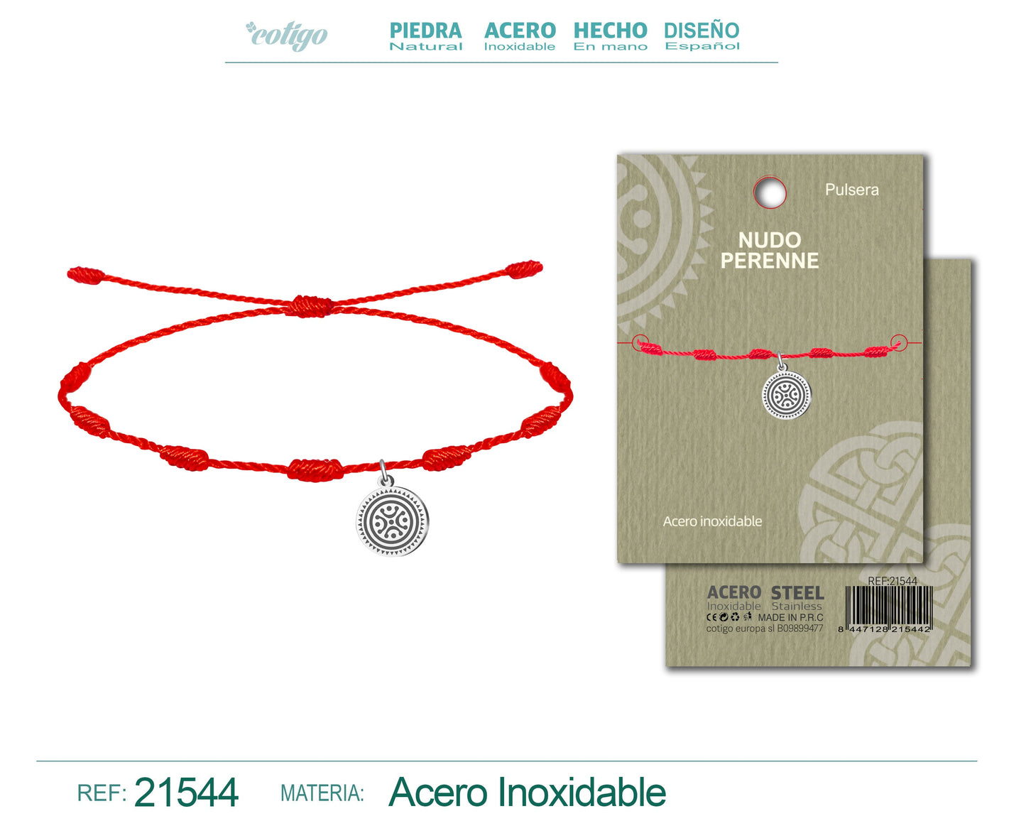Pulsera 7 Nudos con colgante Nudo perenne Acero Plateado