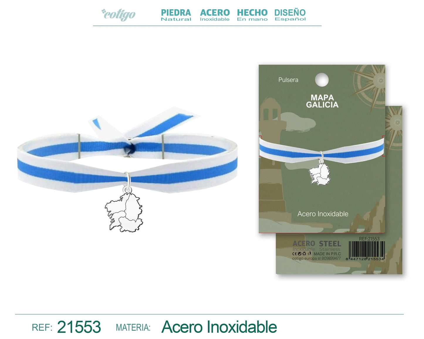 Pulsera Bandera y Mapa de Galicia Acero Plateado - cotigo