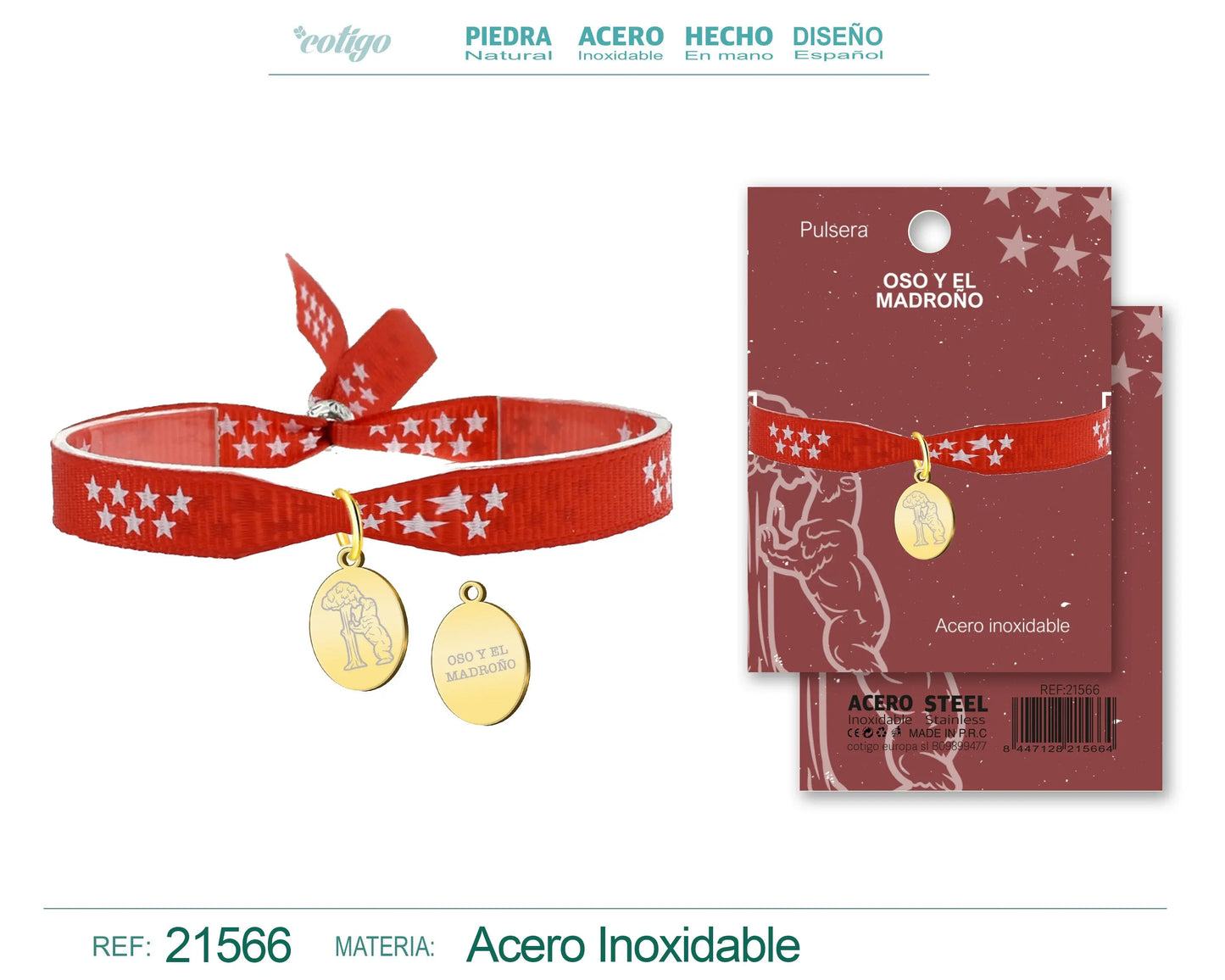 Pulsera Bandera de Madrid con colgante Oso y el madro?o Acero Dorado - cotigo