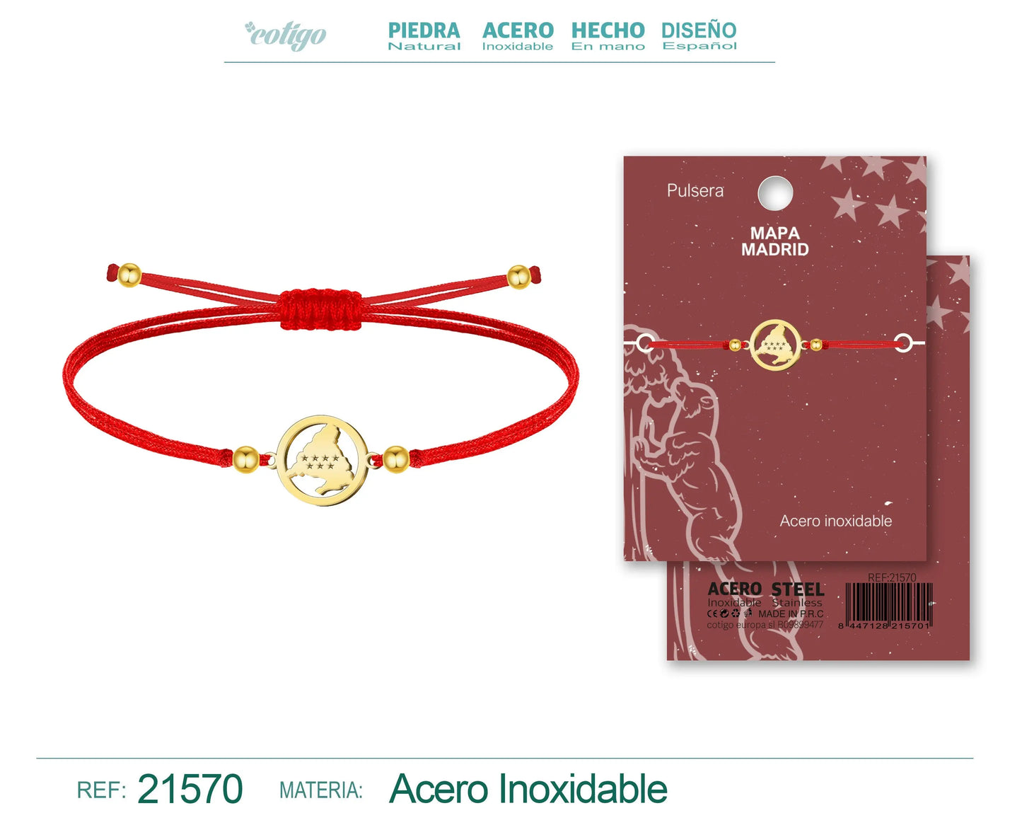 Pulsera Hilo encerado con Mapa de Madrid Acero Dorado - cotigo