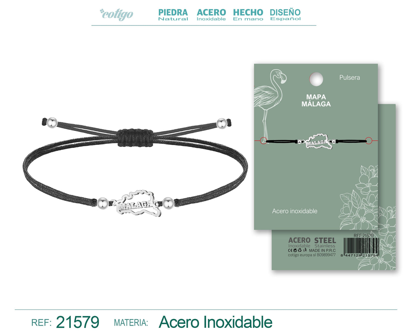 Pulsera Hilo encerado con Mapa de malaga Acero Plateado