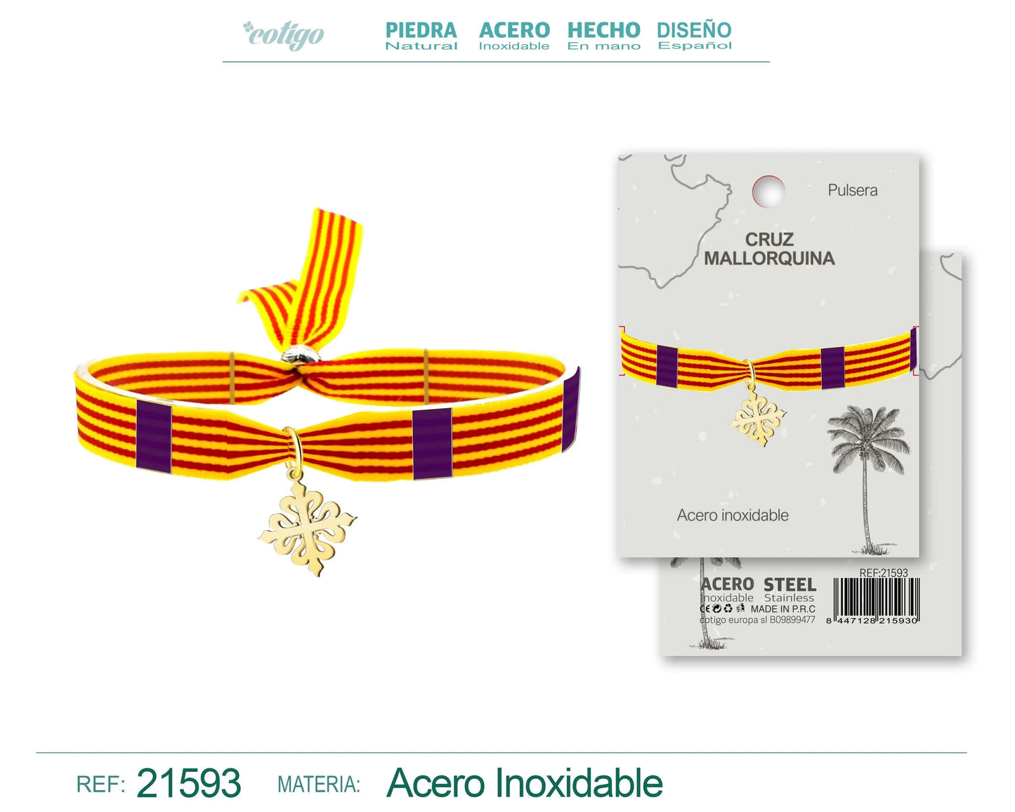 Pulsera Bandera Mallorca con colgante Cruz mallorquina Acero Dorado - cotigo