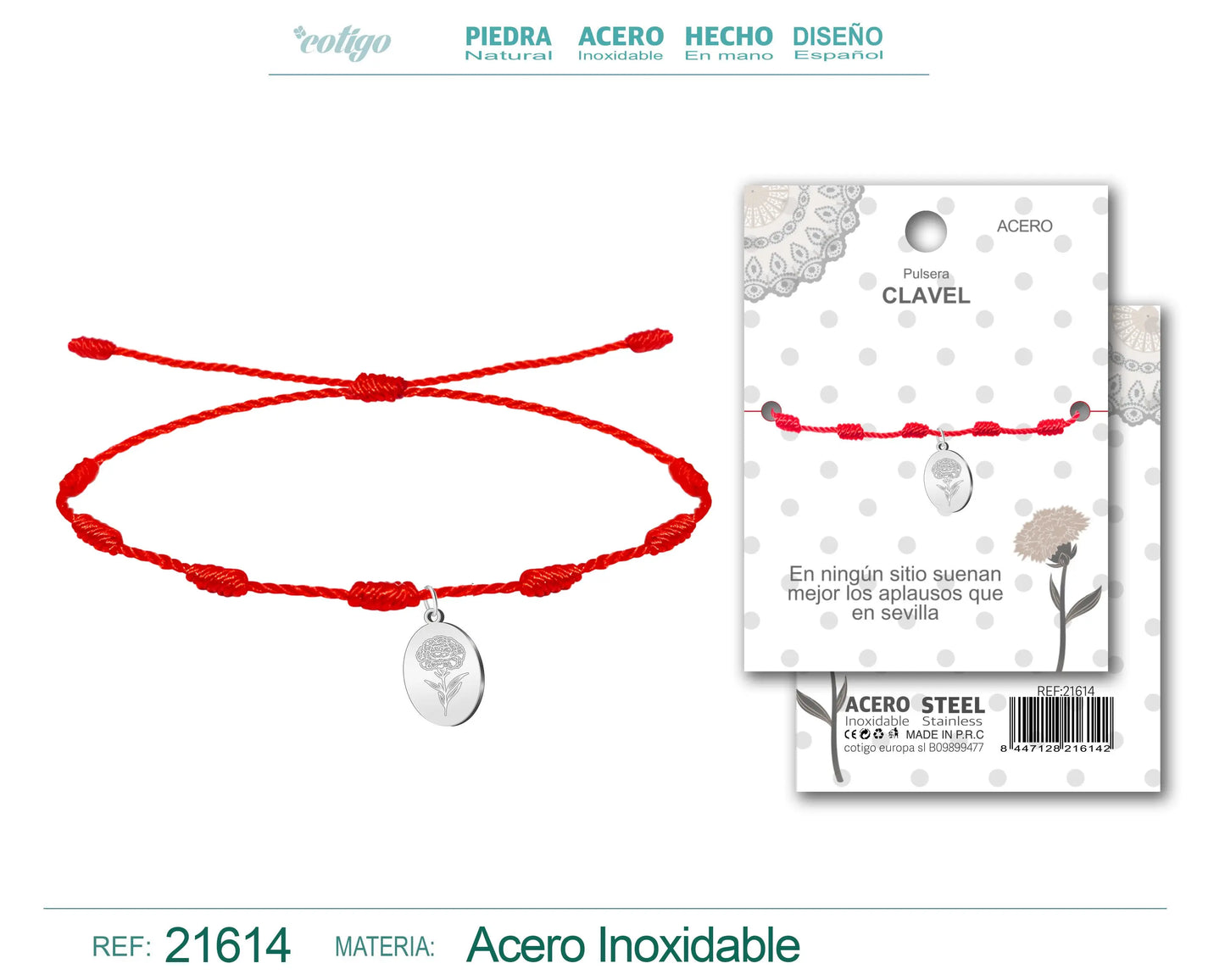 Pulsera 7 nudos con Clavel Acero Plateado - cotigo