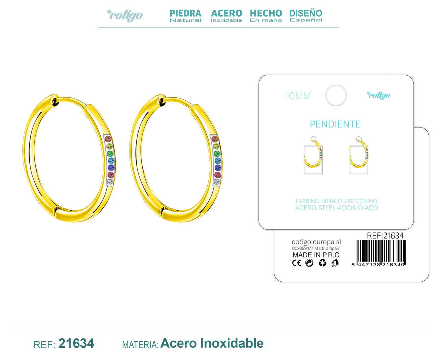 Aro acero 10mm Dorado con Circonita colores