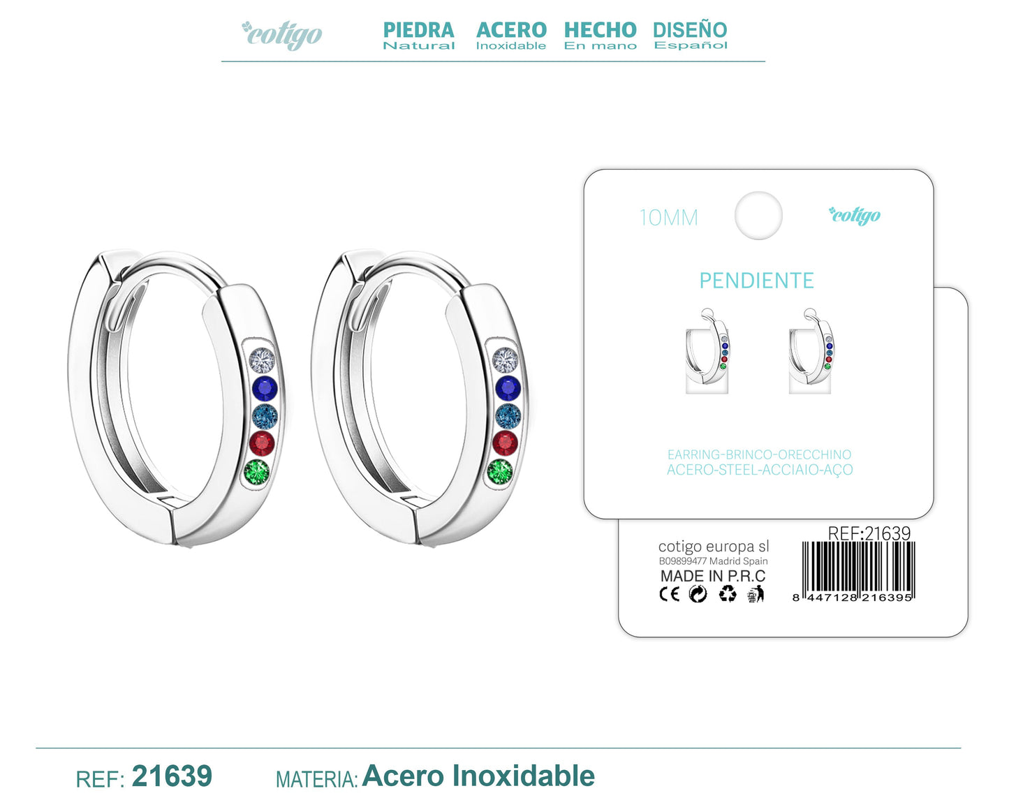 Aro acero 10mm Plateado con Circonita colores