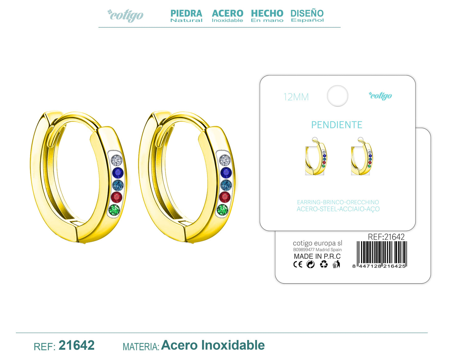 Aro acero 12mm Dorado con Circonita colores