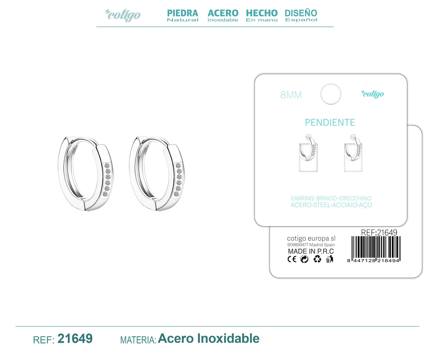 Aro acero 8mm Plateado con Circonita Transparente