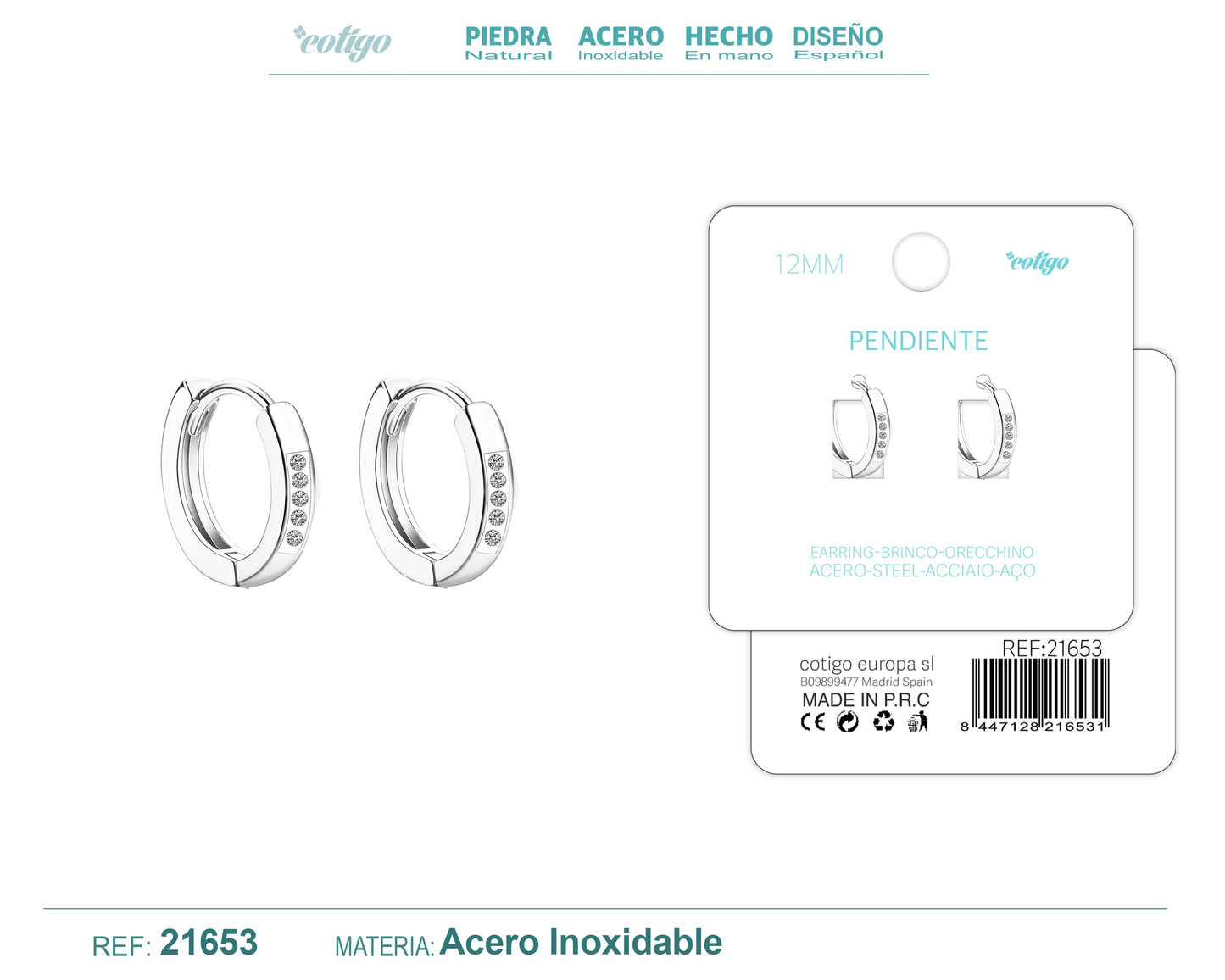 Aro acero 12mm Plateado con Circonita Transparente