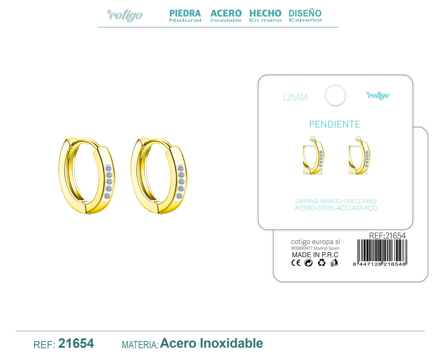 Aro acero 12mm Dorado con Circonita Transparente