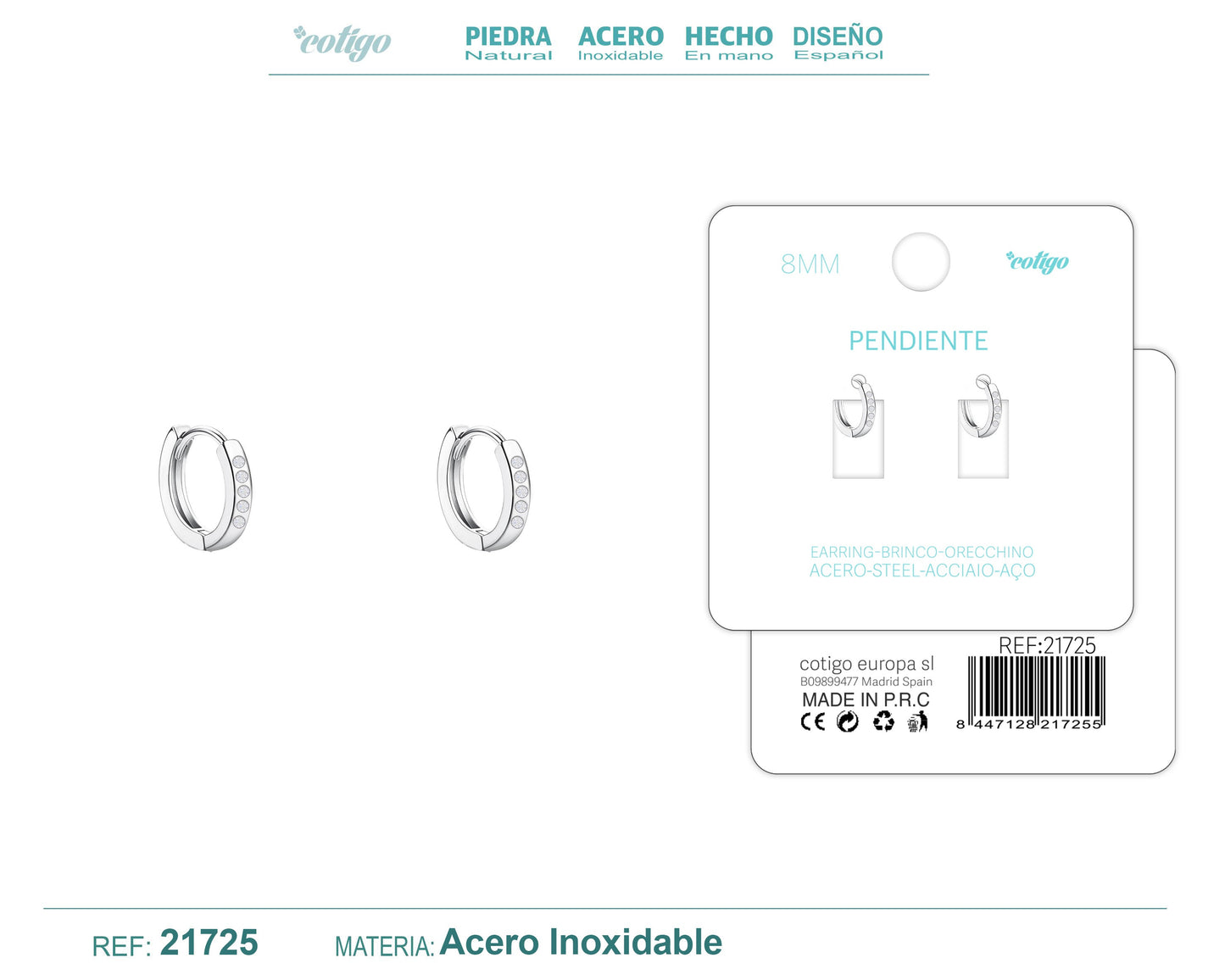 Aro acero 8mm Plateado con Circonita Transparente