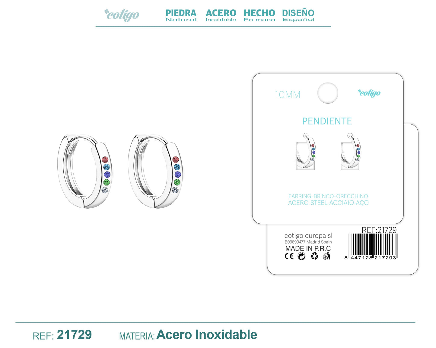 Aro acero 10mm Plateado con Circonita colores