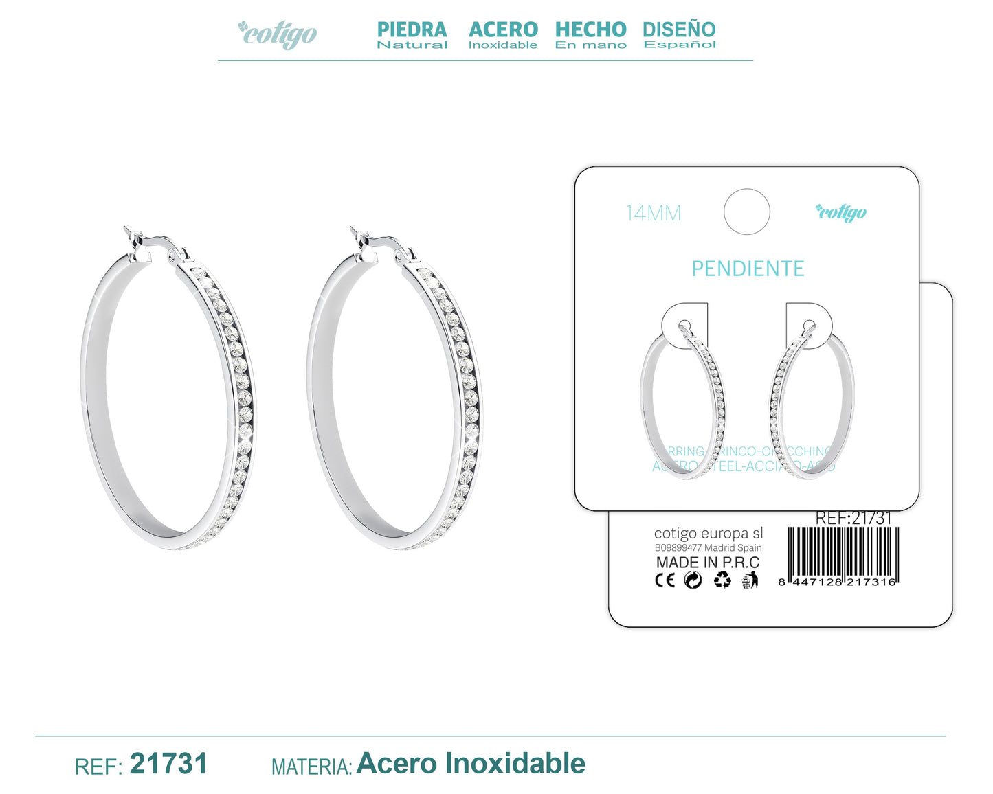 Aro acero 14mm Plateado con Circonita Transparente