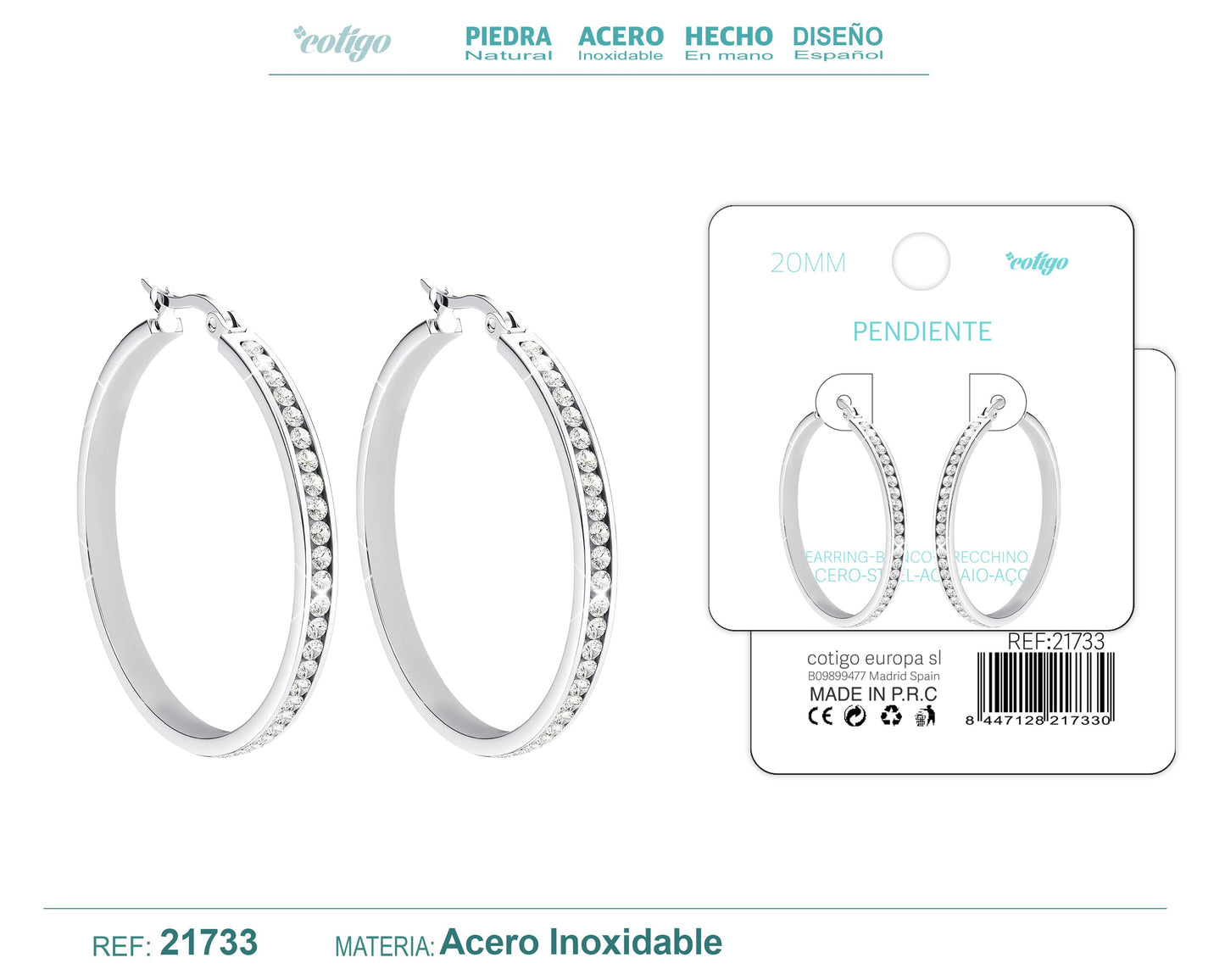 Aro acero 20mm Plateado con Circonita Transparente
