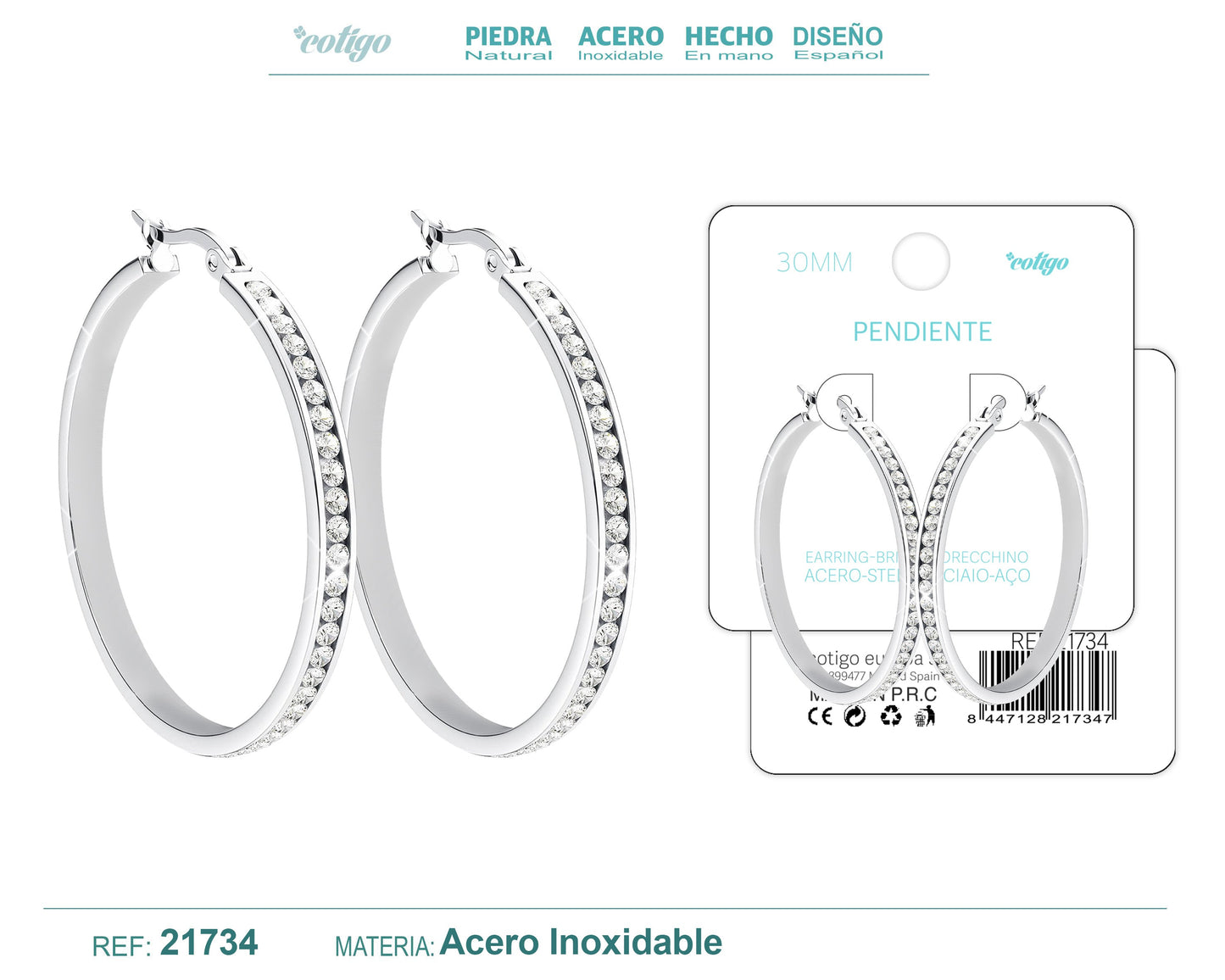 Aro acero 30mm Plateado con Circonita Transparente