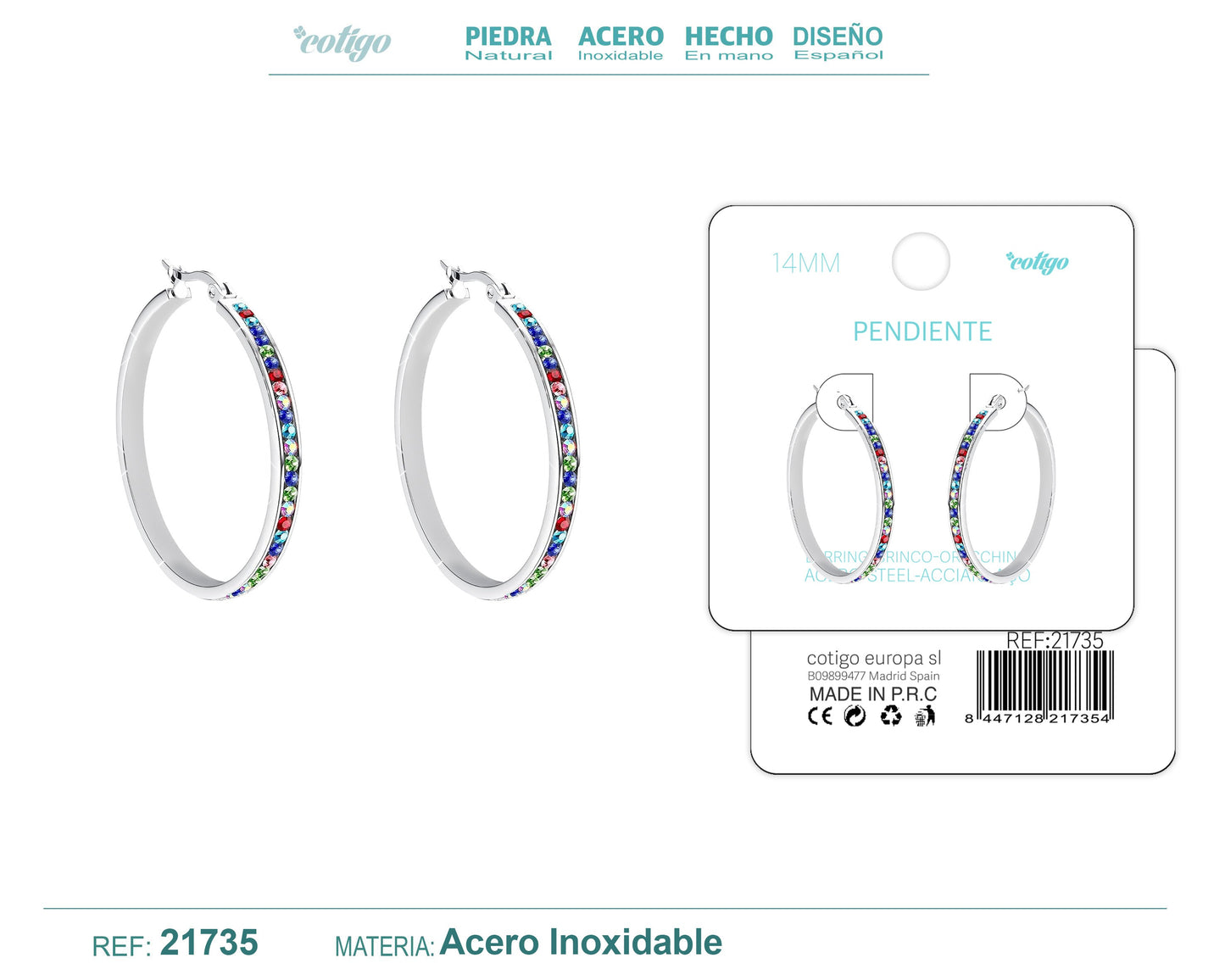 Aro acero 12mm Plateado con Circonita colores