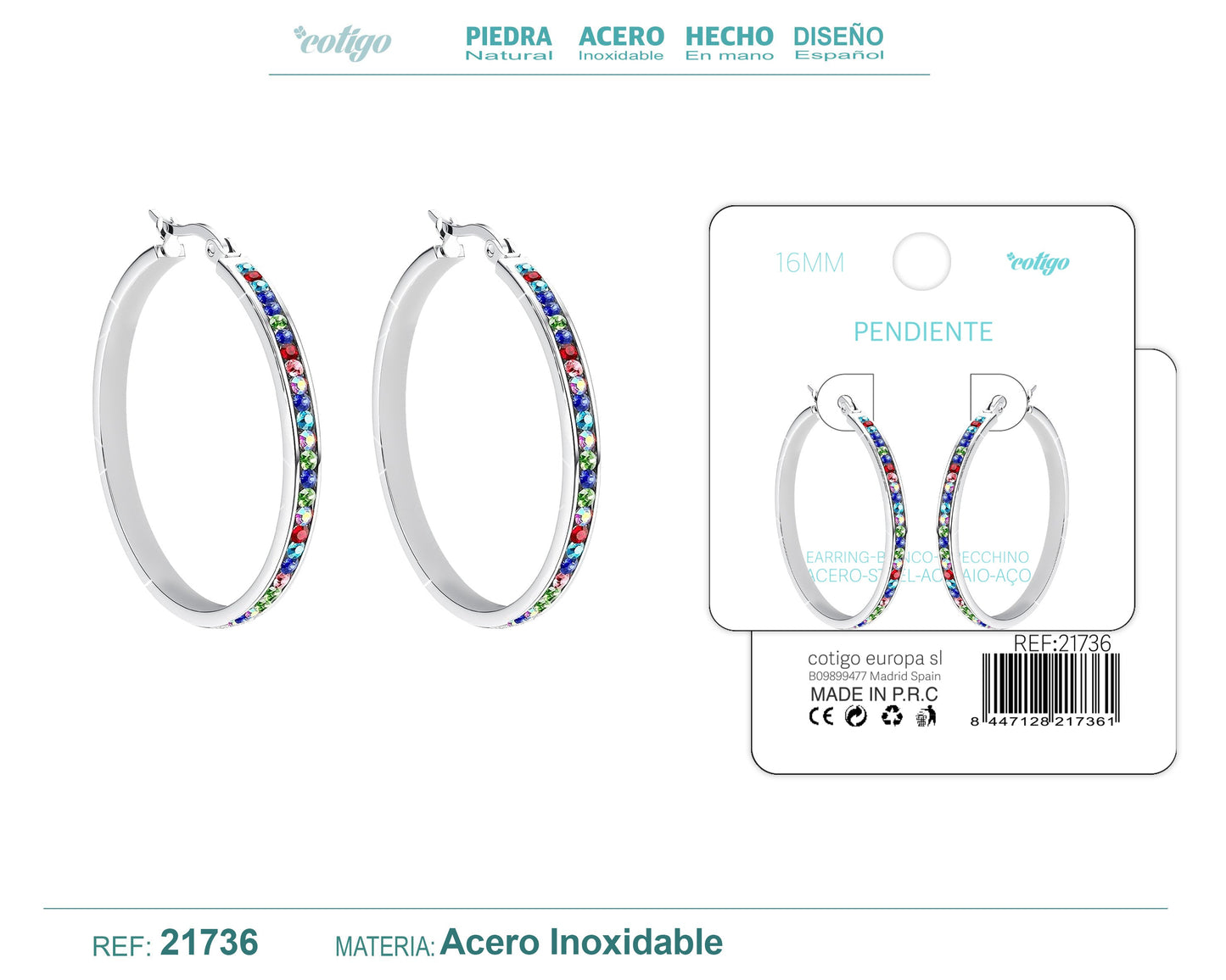 Aro acero 16mm Plateado con Circonita colores