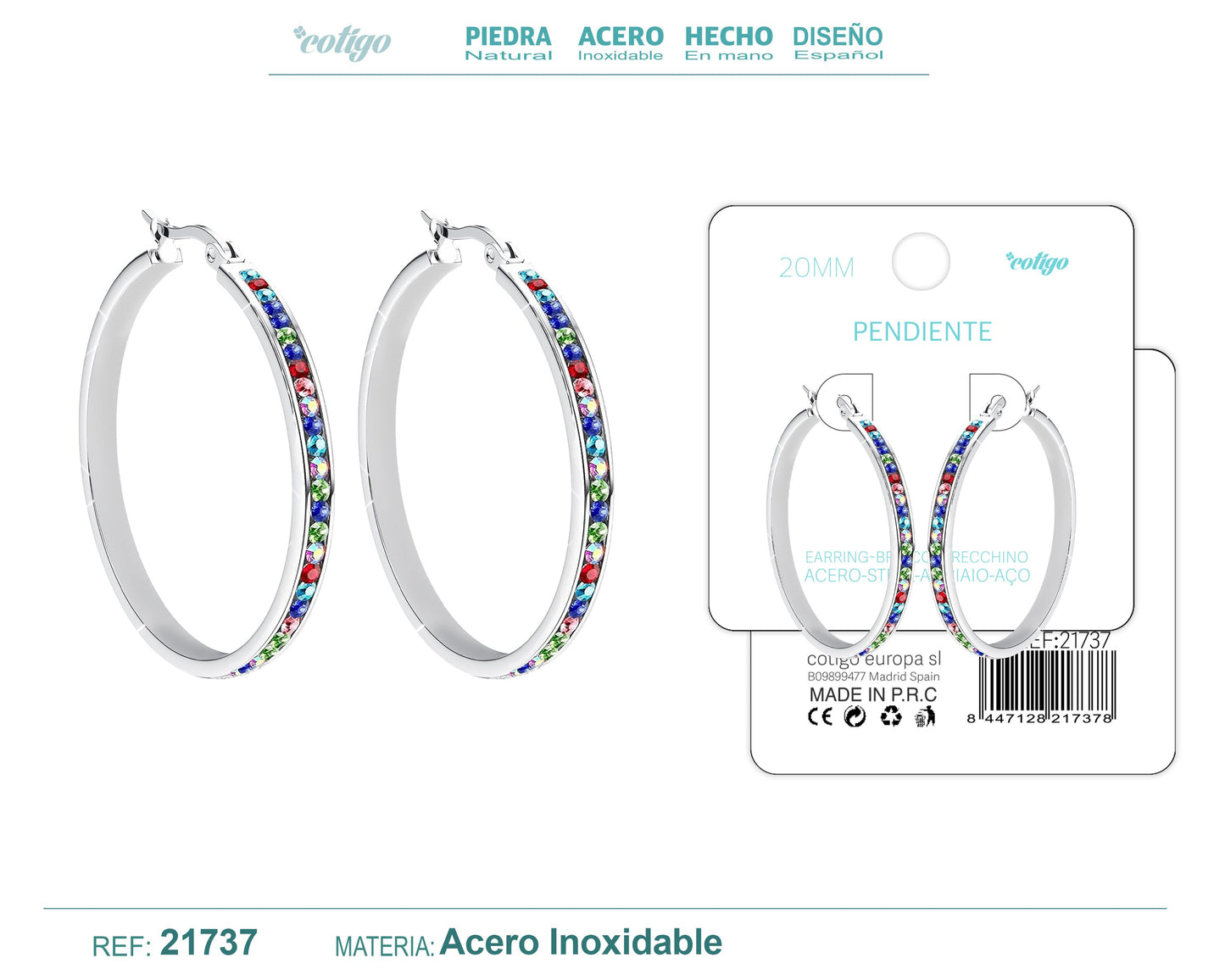 Aro acero 20mm Plateado con Circonita colores