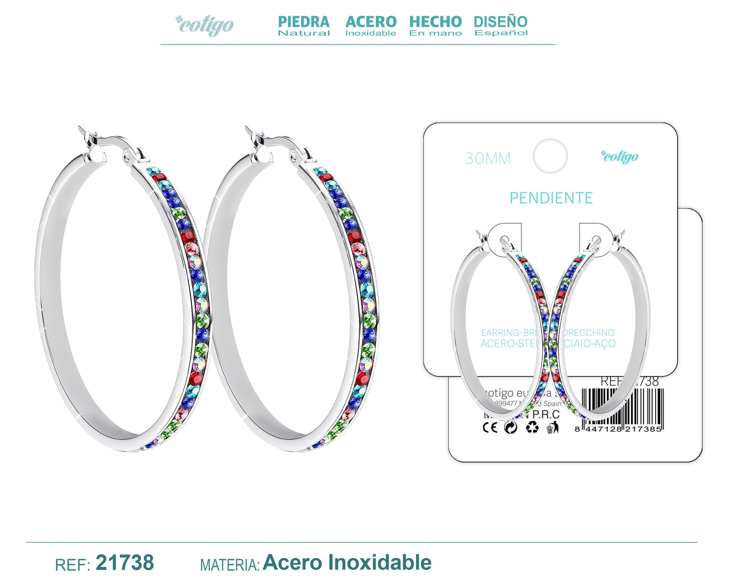 Aro acero 30mm Plateado con Circonita colores