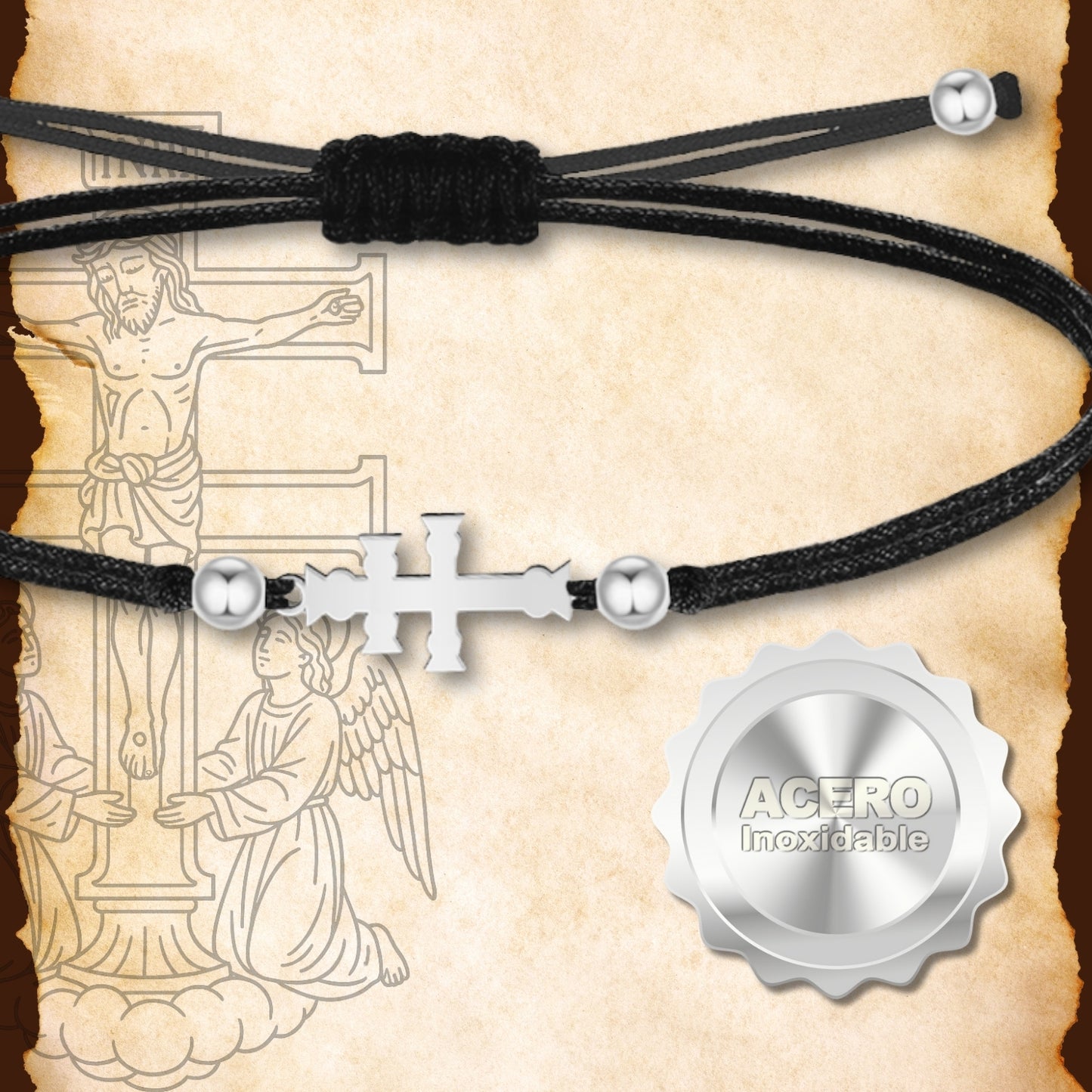 Pulsera Hilo encerado con Cruz Caravaca Acero Color Plateado