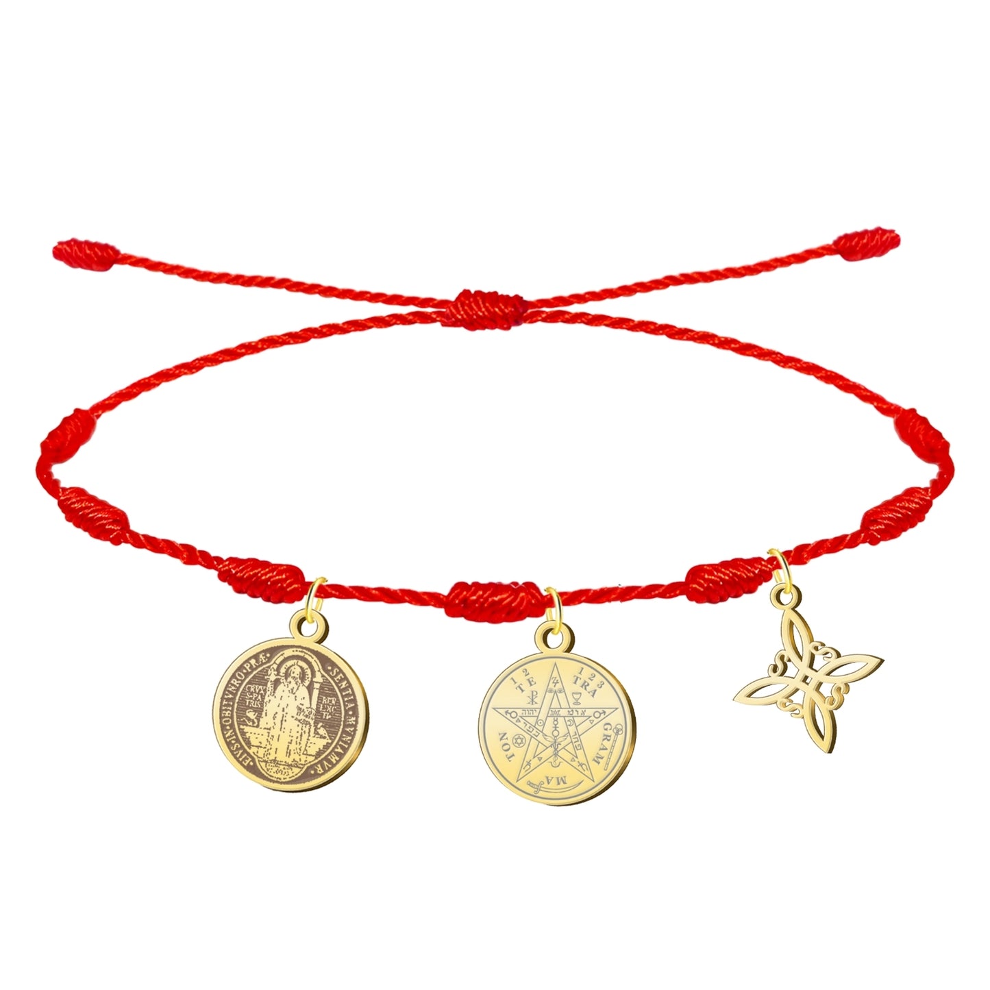 Pulsera 7 nudos con Nudo de Bruja y Tetragramatón, y San Benito Dorado Acero Inoxidable